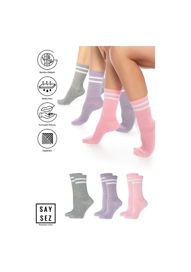 Bambu Unisex Tenis Kolej Çizgili Gri-pembe-lila Premium Dikişsiz Soket Çorap 3'lü Paket Renkli