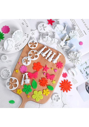 Qingmipy 33 Parça Gıda Kalitesi Plastik Pasta Bisküvi Kesici Seti - Gül, Kelebek, Ayçiçeği Desenli Fondant Ve Hamur Şekillendirici Araçları Çok Renkli