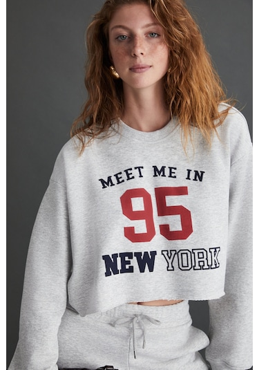 Gloryy Kadın Comfort Fit Baskı Detaylı Lastikli Paça Organik Pamuklu Grimelanj Eşofman Takımı