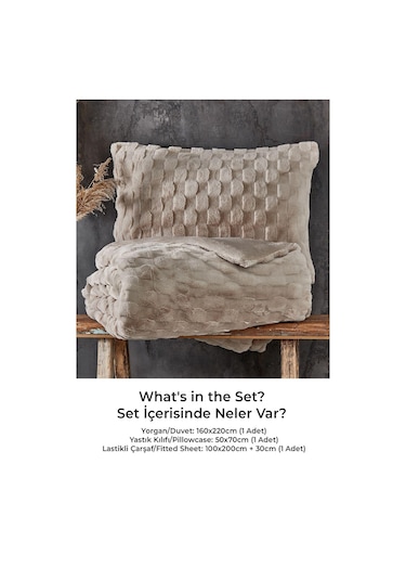 Kürk Yatak Örtüsü Yorgan Uyku Seti Tek Kişilik Çarşaflı Peluş Yumuşak Dolgulu Rody 3 Parça Bej