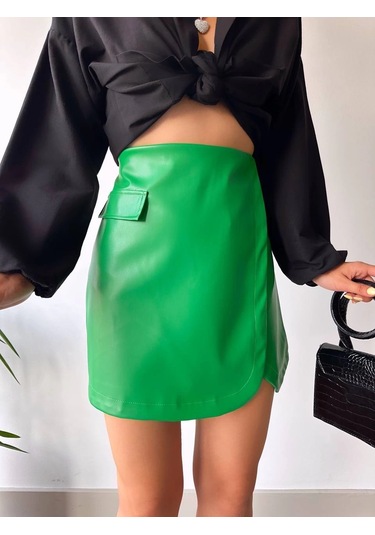 Cep Detaylı Oval Kapaklı Deri Etek Yeşil H240048 Yeşil