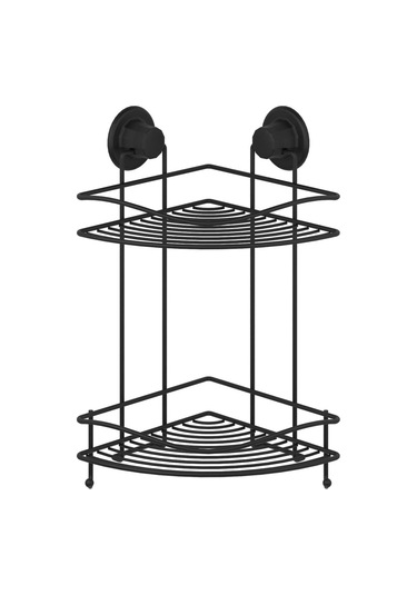 Banyo Köşe Rafı Vakumlu Paslanmaz 2 Katlı Kancalı Siyah Siyah