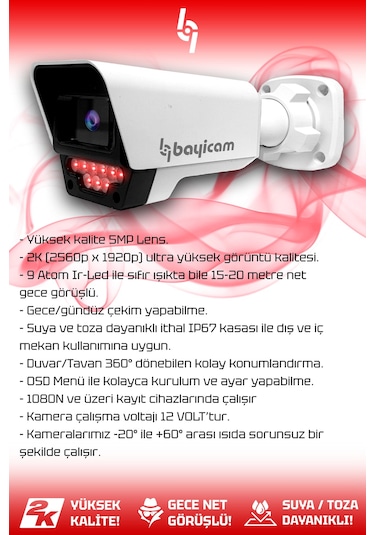 Bayicam 4 Kameralı Süper 4 Dış Kamera Set 250 GB 5 MP 2K Net Gece Görüşlü Güvenlik Kamerası Sistemi