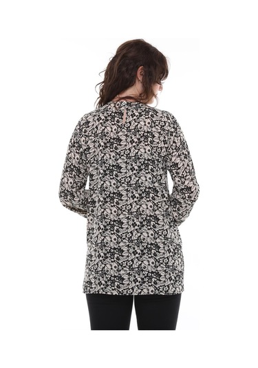Çiçek Desenli Önden Bağcıklı Bluz-440-siyah - Beyaz