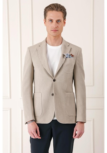 Comfort Fit Torba Cep Şeritli Dokuma Pamuk Casual Taş Ceket C 670 Taş