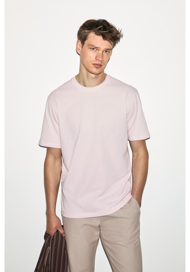 Grimelange Grımelange Solo Erkek %100 Organik Pamuklu Kalın Dokulu Comfort Fit Bisiklet Yakalı Pembe T-shirt