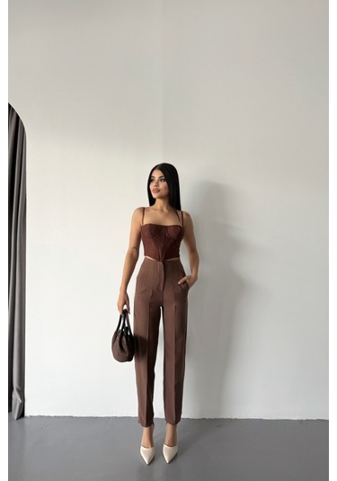 Reka Moda Pantolon Pensli Atlas Kumaş - Kahverengi Kahverengi