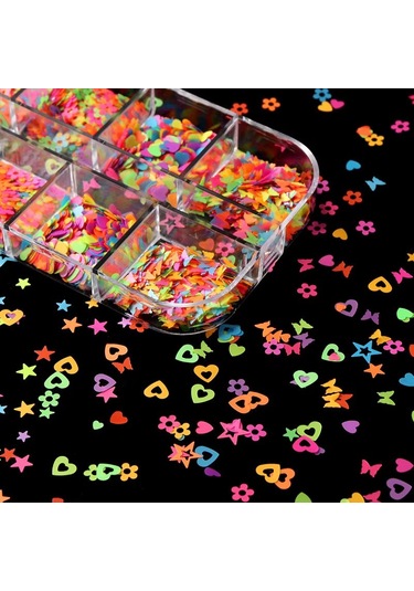 Karanlıkta Parlayan Neon Tırnak Süsleme Folyo Pulları Kalpler Yıldızlar Nail Art