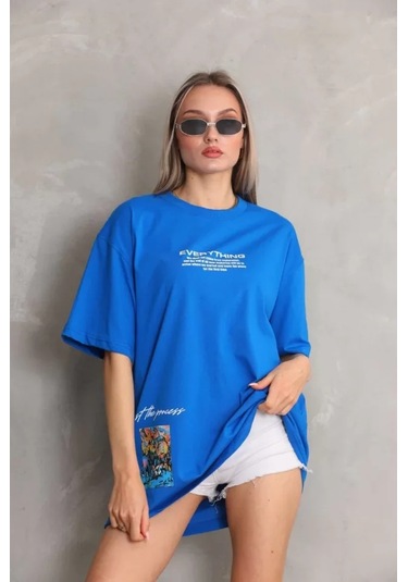 Amorluxe Unisex Bisiklet Yaka Baskılı Oversize T-shirt - Mavi