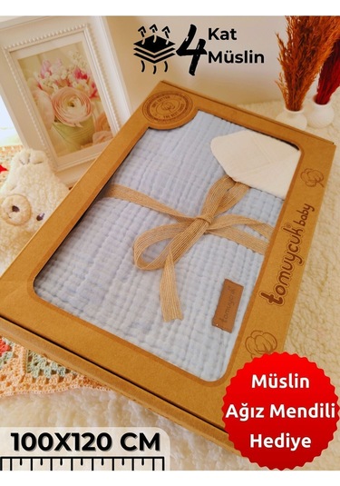 4 Kat Müslin Mint Yeşil Saçaklı Bebek Battaniyesi 100x120 Cm- %100 Pamuklu & Çok Amaçlı Battaniye Mavi
