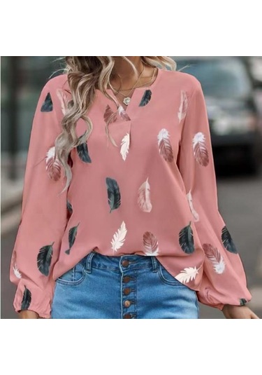 Moda Kadın Bluz Gömlek Kadınlar İçin Şık Üst Uzun Kollu Tüy Desenli Kadın Üstleri Zarif Şifon Kadın Giyim Pembe