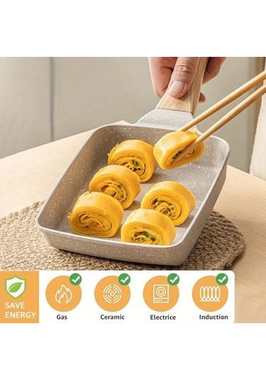 Xuweiwei Beyaz Renkli Ahşap Saplı Japon Tamagoyaki Tavası - Yapışmaz Kare Omlet Ve Yumurta Rulosu İçin
