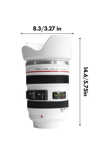 Moveevo Kamera Lens Tasarımlı Paslanmaz Çelik Termos Bardak, 400ml, Damlacık Önleyici, Fotoğraf Severler İçin, Beyaz Beyaz