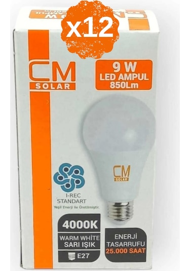 12 Adet - 9w Led Sarı Işık 4000k E27 Duylu Ampul