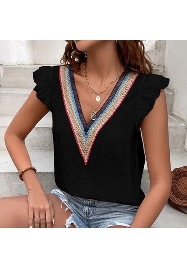 Yaz V Yaka Dantel Kelebek Kollu Kadın Bluz Zarif Rahat Kadın Beyaz Gömlek Moda Zarif Kolsuz Blusas Tops 25803 Orion Çok Renkli