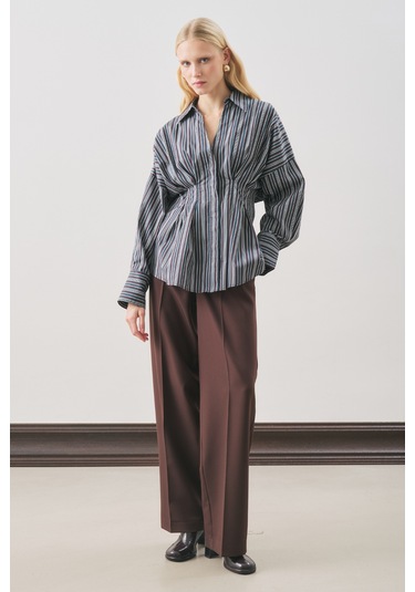Pile Detaylı Gömlek Kahve Çizgili Aw25gml00006-596 Kahve Çizgili