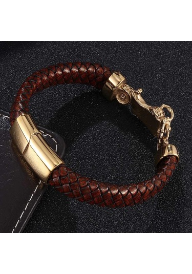 Vintage Punk Tarzı Erkek Bileklik Gerçek Deri Altın Rengi Motosiklet Paslanmaz Çelik Bileklikler Erkek Takıları Siyah