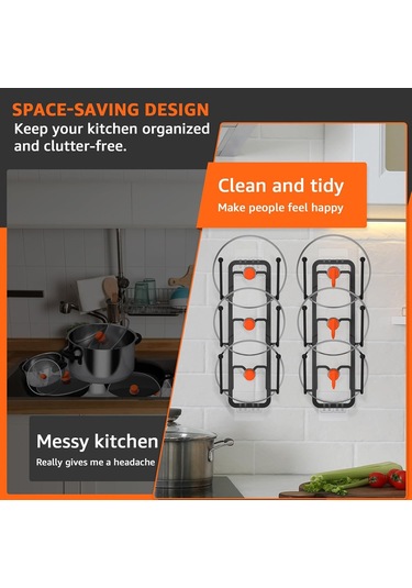 Tenfowee Çiftli Tencere Kapak Rafı, Duvar/cabinet Montajlı, Çelik Malzeme, Suya Dayanıklı, Mutfakta Yer Tasarrufu Sağlar Siyah