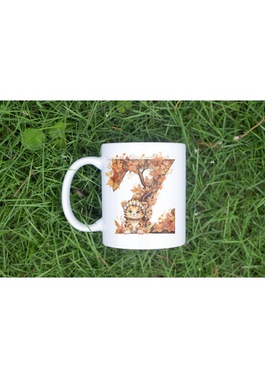 Z Harf Sonbahar Yaprak Temalı Kupa Bardak - Sevimli Figürler İle Alfabe Harfli Bardak - Kişiye Özel Beyaz