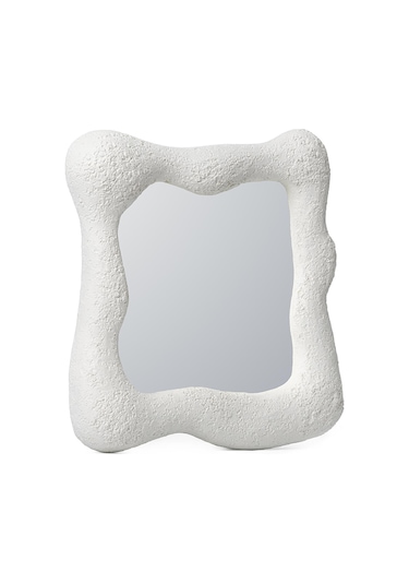 Taş Görünümlü Beyaz Köşeli Duvar Aynası Beyaz