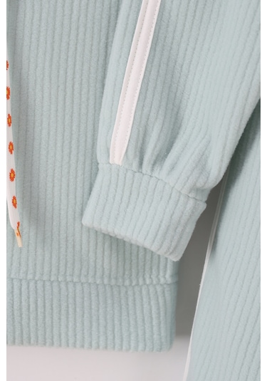 Monox Kız Çocuk Çiçek Baskılı İpli Şeritli Pantolon Fitilli Polar Takım Yeşil