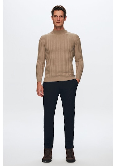 Ds Damat Slim Fit Bej Fitilli Pamuk Karışımlı Yarım Balıkçı Dar Kesim Vücudu Saran Triko Kazak 5HF06ORT64100 Bej