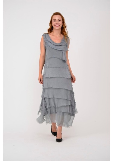 Italyan 2 Beden İnce Gösteren Kat Kat Kolsuz Ipek Elbise Koyu Gri