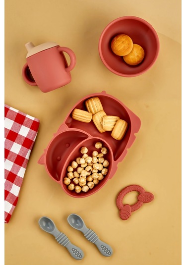 5'li Silikon Set / Bölmeli Mama Tabağı / Kase / Bardak / Diş Kaşıyıcı / Mama Kaşığı - Kiremit Rengi Kiremit