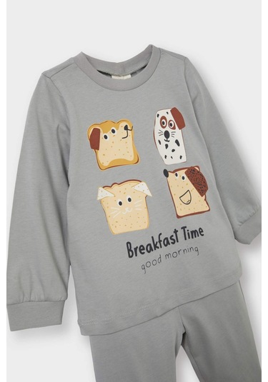 Defacto Erkek Bebek Pijama Takımı Baskılı Uzun Kollu Penye Üst Uzun Alt F2917a525augr454 Gri