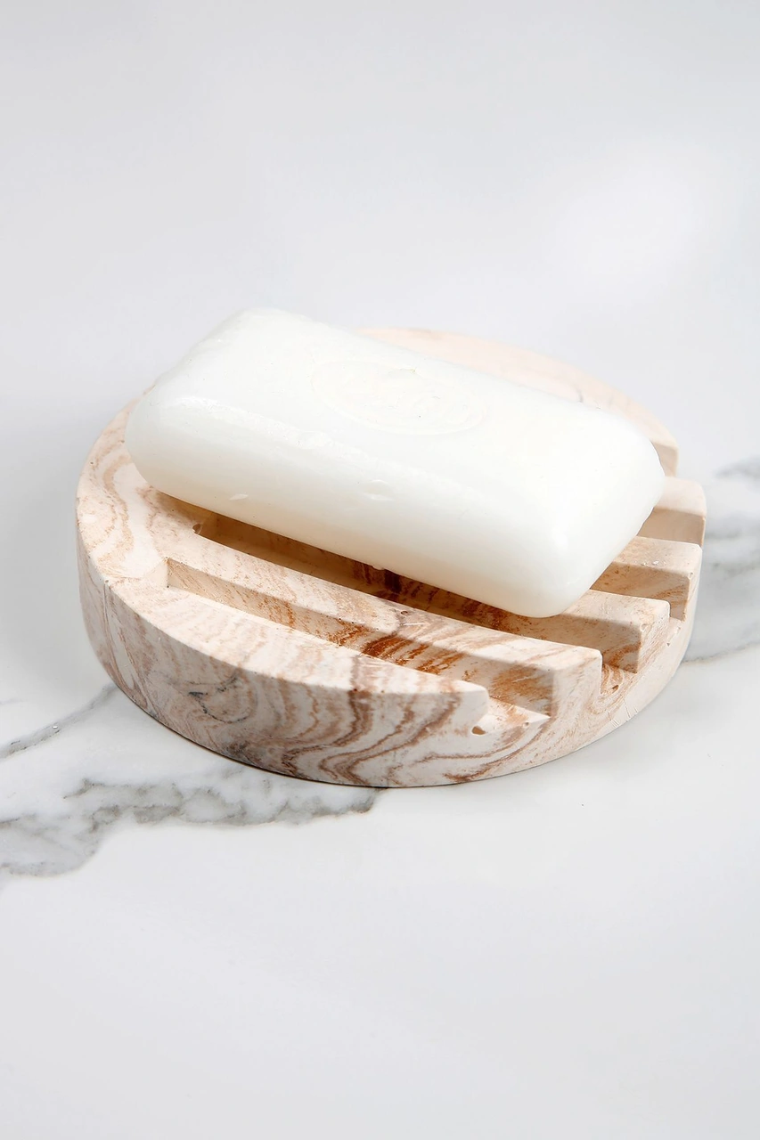 Mermer Desenli Yuvarlak Model Beton Katı Sabunluk Su Giderli 10 Cm Bej