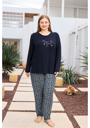 Aydoğan Kadın İnci Büyük Beden Lacivert Pijama Takımı 0495 Lacivert