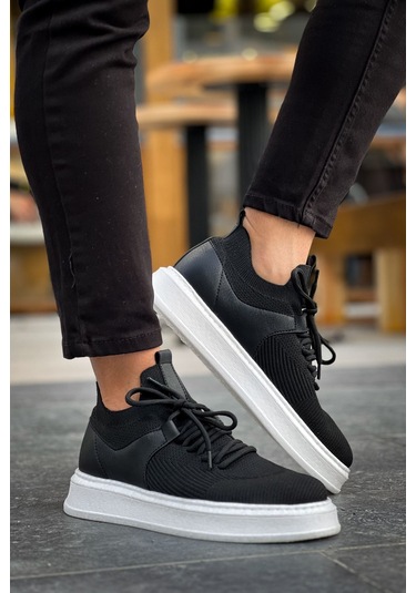 Pabucmarketi Bağcık Detaylı Triko Kumaş Erkek Spor Ayakkabı Siyah Siyah