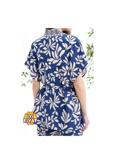 Kadın Regular Fit Desenli Kuşaklı Kısa Kollu Keten Kimono , Plaj Kimono Mavi