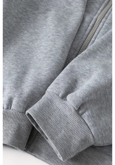 Unisex Gri Kapüşonlu Fermuarlı Hırka Sierra Nevada Baskılı, Şardonlu Kalın Kumaş Gri