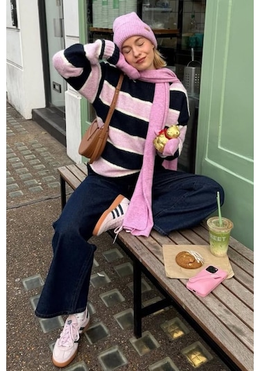 Madmext Lacivert/pembe Bisiklet Yaka Oversize Triko Kazak Mg1972 Lacivert/pembe