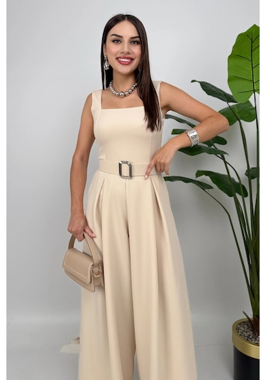 Noir Flow Kadın Taş Kemerli Askılı Bol Paça Tulum Zarif Şıklık Taş