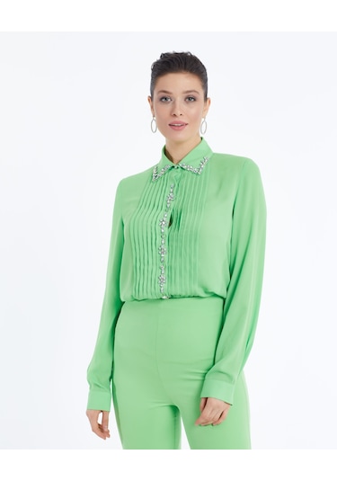 Kadın Taş Detaylı Gömlek Şık Düğme Ve Yaka İşlemeli Yeşil