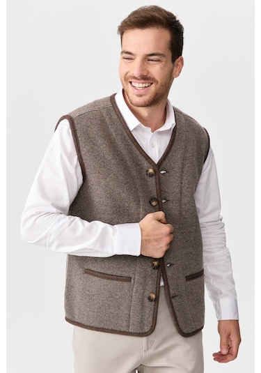 Erkek V Yaka Keçe Aksesuarlı Pike Dokuma Yün Yelek Vizon Vizon