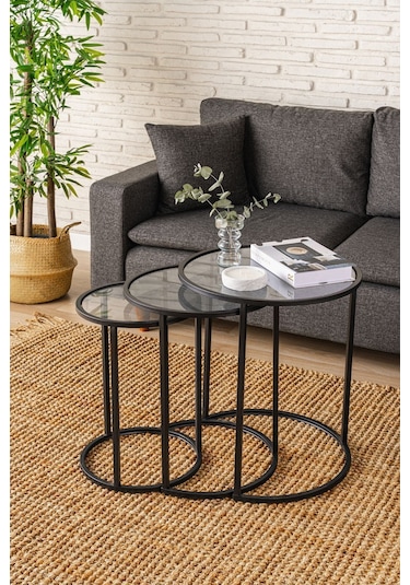 Alya Zigon Sehpa Üçlü Dekoratif Yan Sehpa Şeffaf Camlı