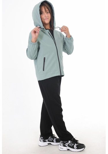 Spor Kız Çocuk İçi Astarlı Su Ve Rüzgar Geçirmez Kapüşonlu Çift Fermuarlı Cepli Yağmurluk Mint Yeşili