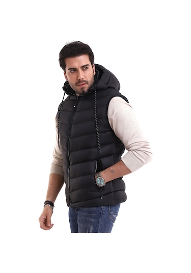 Everest Jel Dolgu Çıkartılabilen Fermuarlı Kapüşonlu Erkek Şişme Yelek Siyah