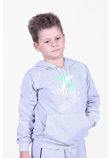X Baskılı Kanguru Cepli Kapüşonlu Erkek Çocuk Gri Sweatshirt Gri