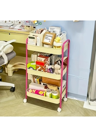 Fochsia Faridabio 3 Katlı Pembe Tekerlekli Mobil Organizasyon Sepeti Mutfak Banyo Pembe