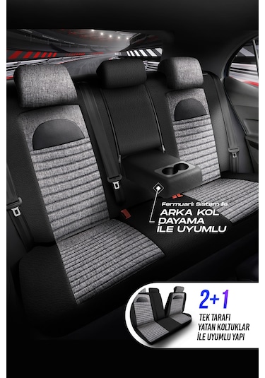 Gri - Siyah Panda Enzo Serisi Keten Kumaş Oto Koltuk Kılıfı - Tam Set