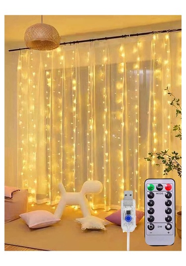 3x3 Metre Sıcak Beyaz Uzaktan Kumandalı Usb Bağlantılı Perde Led Işık Zinciri