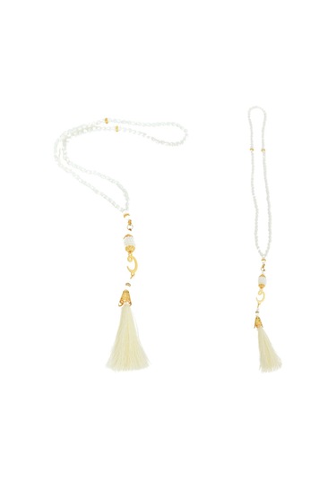 Şantuk Keseli Tafta Seccade Ve İnci Vavlı Tesbih Set , Taşınabilir Namaz Seti Krem