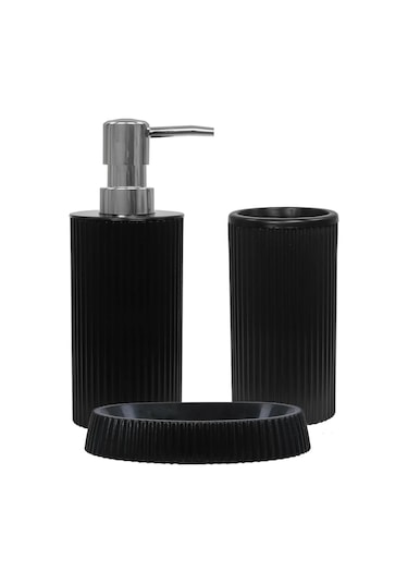 Line 3 Parça Yuvarlak Lavabo Seti - Sıvı Sabunluk Katı Sabunluk Diş Fırçası Siyah