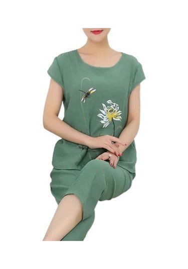 Yeşil Eladies 1 Takım Tişört Pantolon Kısa Kollu Gevşek İki Parçalı Çiçek Hayvan Baskı Orta Yaşlı İçin Pijama Seti Yeşil