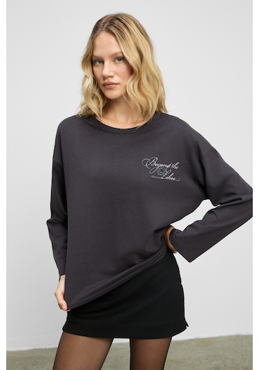 Grımelange Dazulu Kadın Yumuşak Kumaşlı Baskılı Uzun Kollu Antrasit T-shirt Antrasit