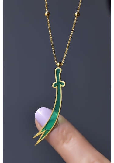 Papatya Silver 925 Ayar Gümüş Toplu Parlayan Rüya Serisi Tasarım Ebruli Cam Boyalı Zülfikar Kılıcı Kolye